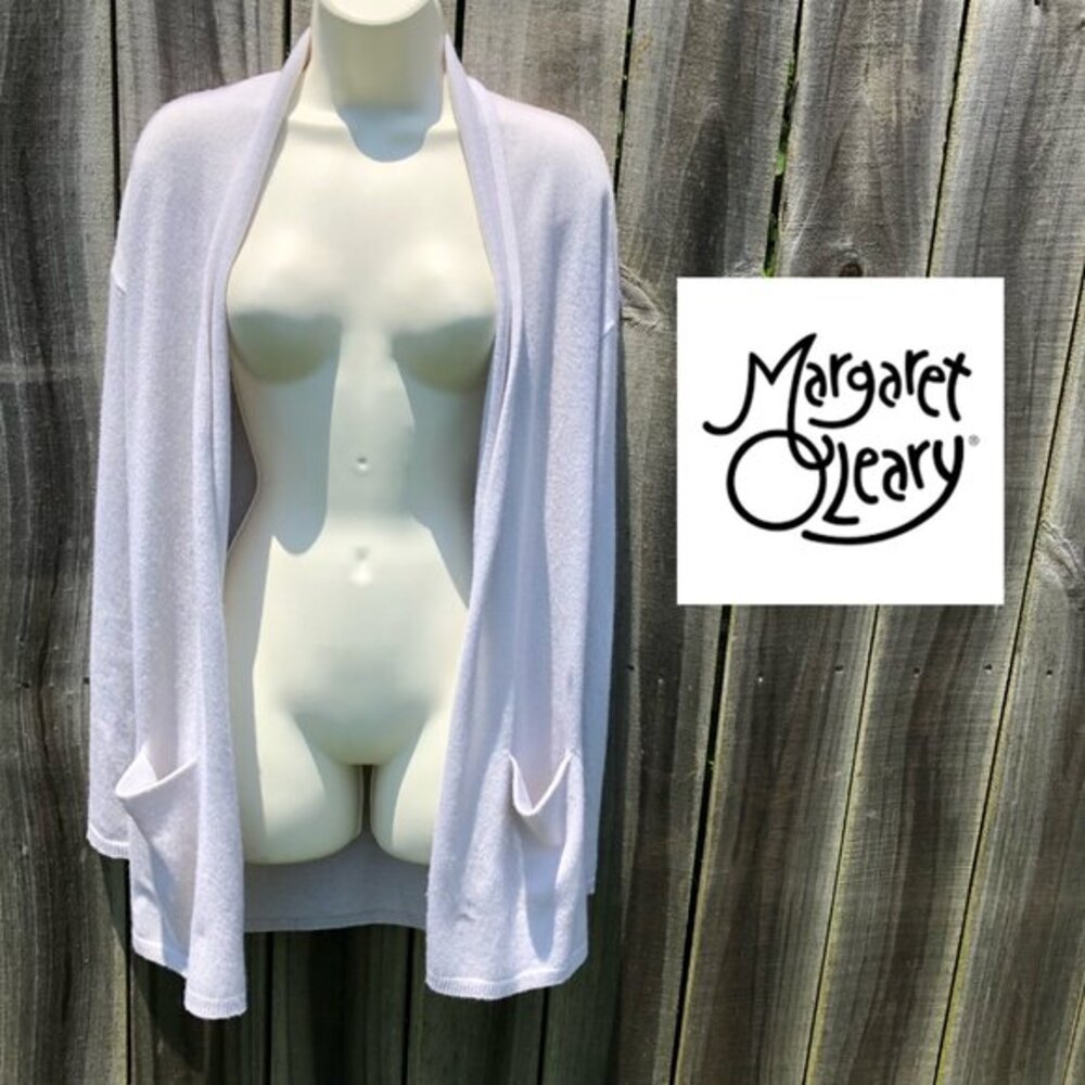 Margaret O’Leary Small Cashmere Cardigan Top Sweater Open Gray Cream Long Sleeve